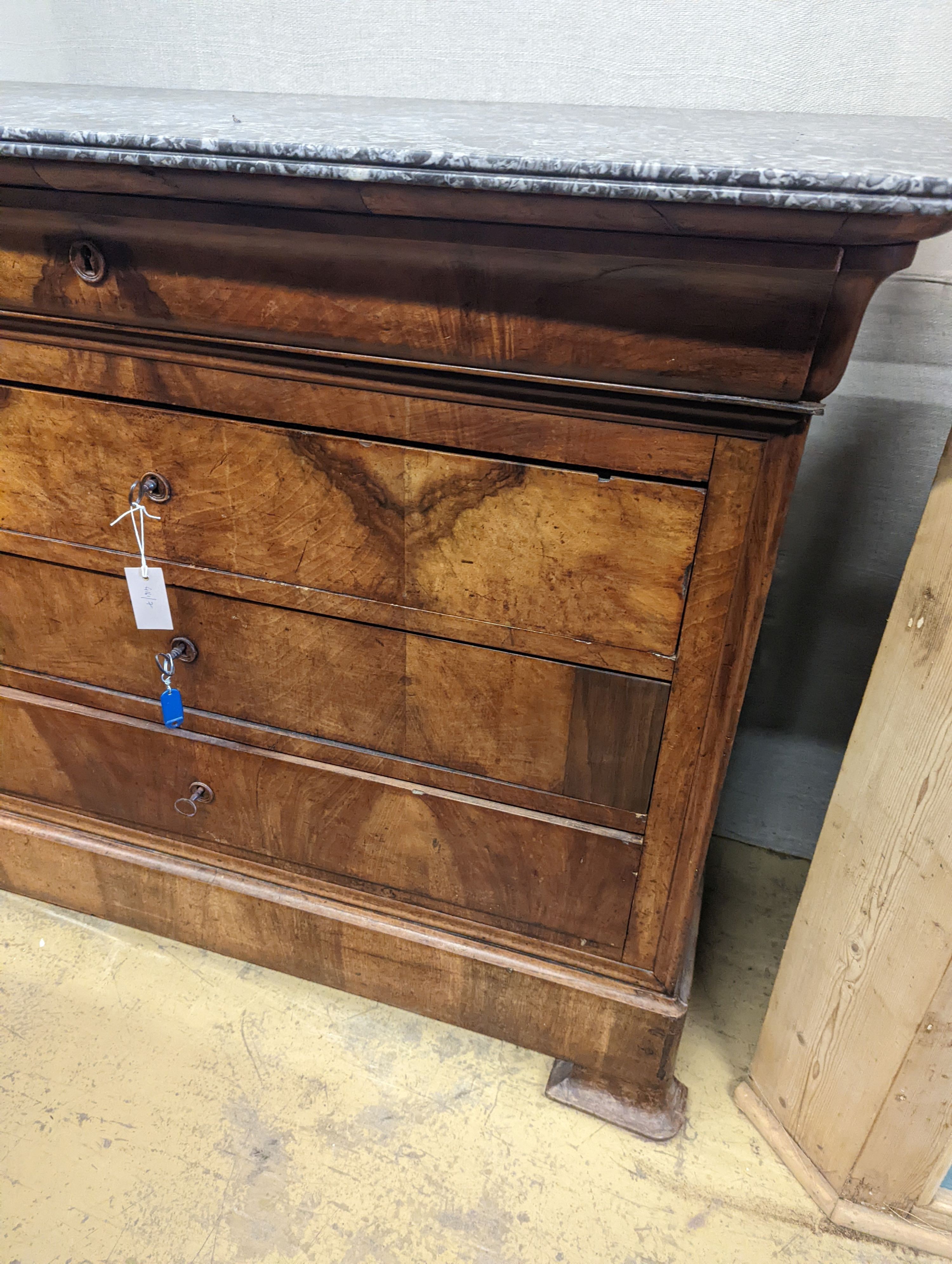 A 19th century French walnut marble topped commode, width 131cm, depth 61cm, height 103cm